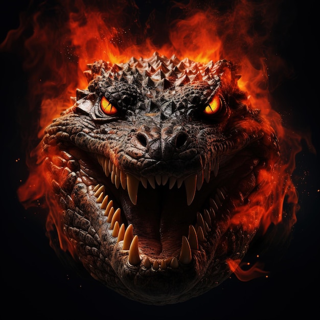 Image of angry crocodile face and flames on dark background Amphibian Illustration Generative AI