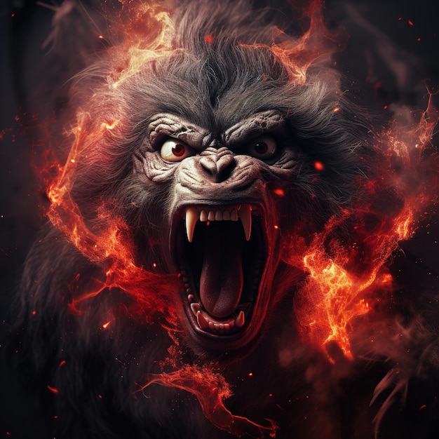 Image of angry demon monkey terrifying and flames on dark background Wildlife Animals Illustration Generative AI