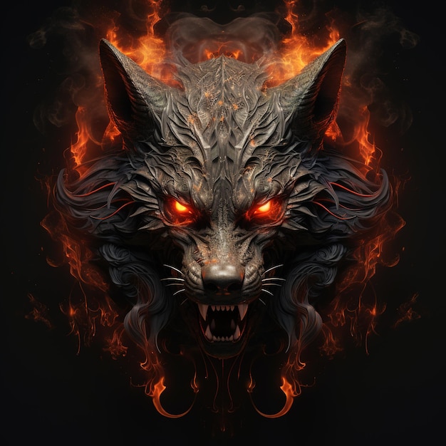 Image of angry a fox devil terrifying and flames on dark background Wildlife Animals Illustration Generative AI