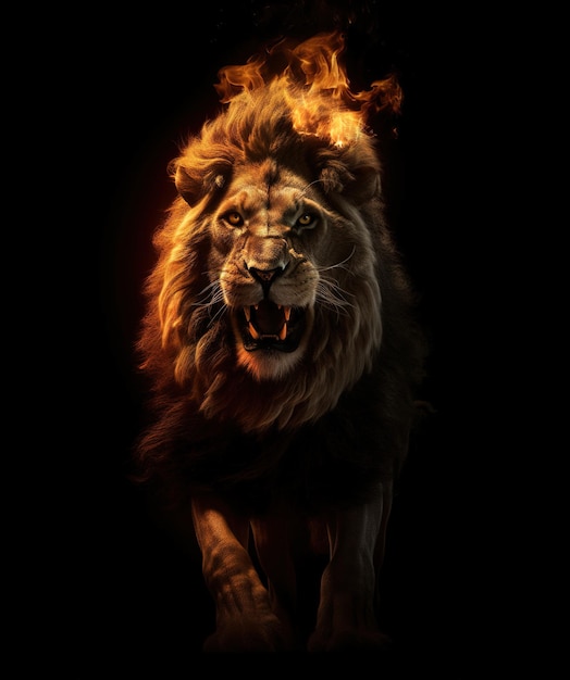 Image of an angry lion and flames Wildlife Animals Illustration Generative AI