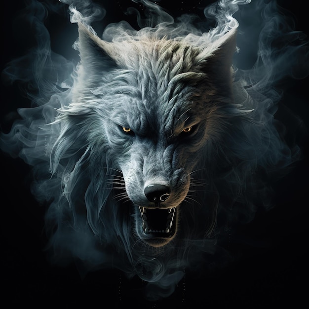 Image of an angry wolf face with fire smoke on black background Wildlife Animals Illustration Generative AI