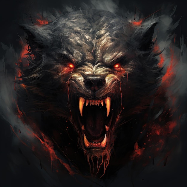 Image of angrya bear face demon and flames on dark background Wildlife Animals Illustration Generative AI