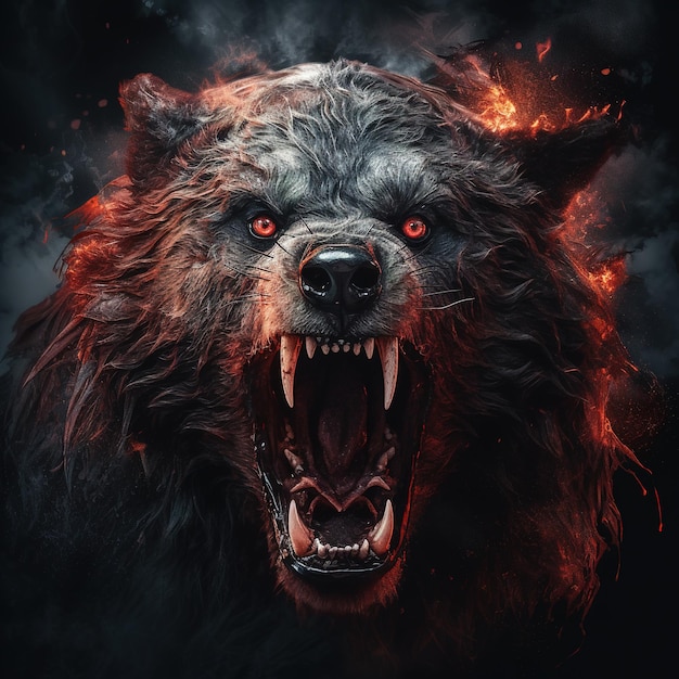 Image of angrya bear face demon and flames on dark background Wildlife Animals Illustration Generative AI