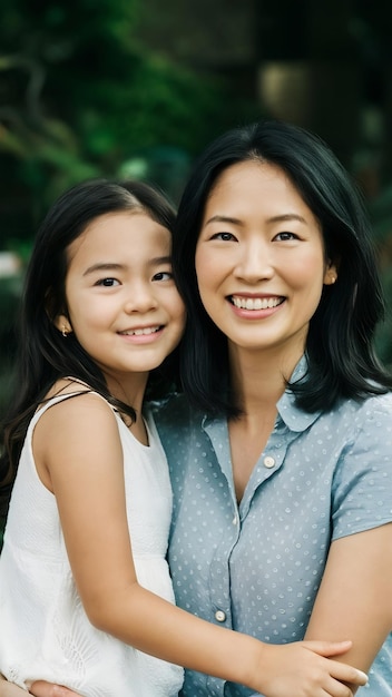 Photo image of asian mother and daughter on background