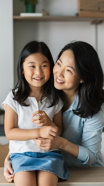 Photo image of asian mother and daughter at home