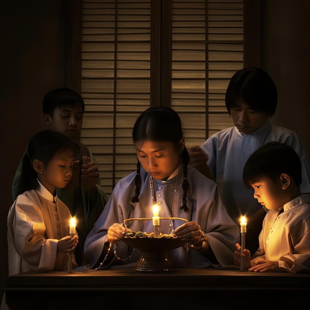 An image of Asian people lighting candles and offering prayers