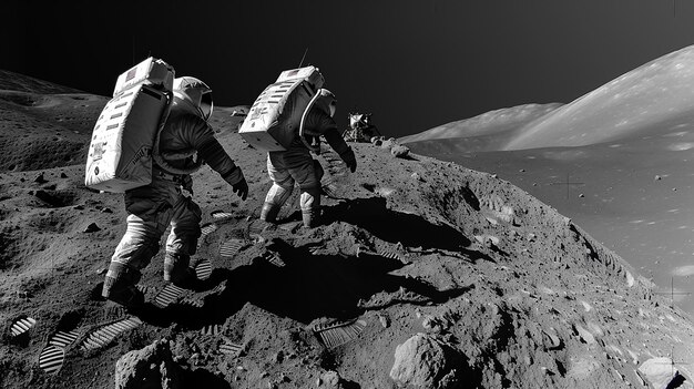 Photo an image of astronauts walking on the moon and making observations