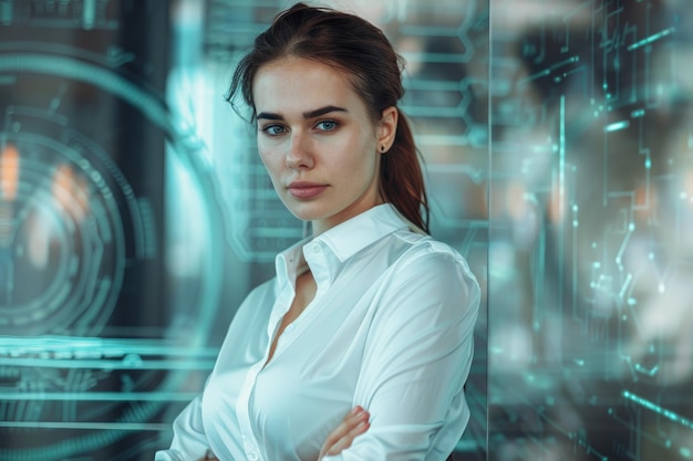 Image of attractive businesswoman against hightech background