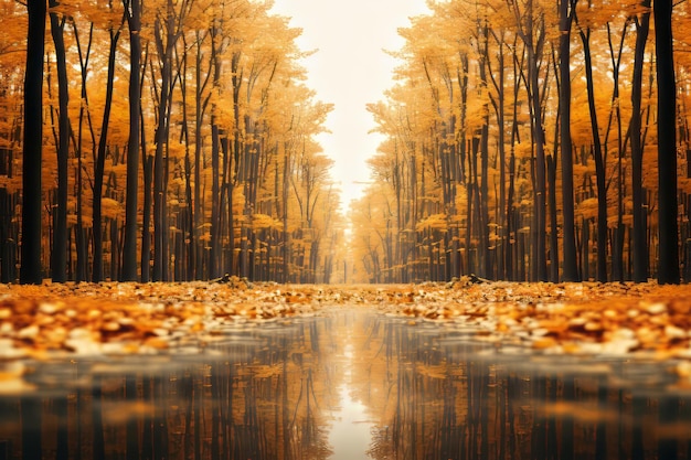 an image of an autumn forest with trees and water