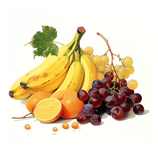 image of banana orange and grapes with white background