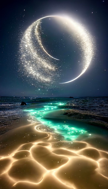 An image of a beach at night with the moon in the sky generative ai