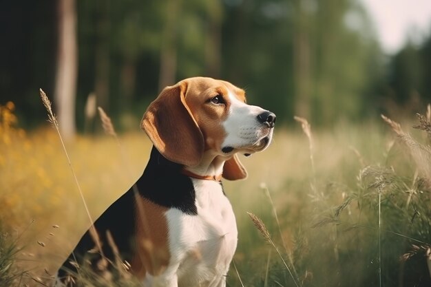 Image of beagle dog resting on green pasture grass on summer Pet Animals Illustration Generative AI