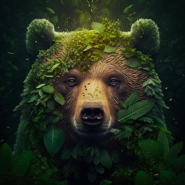 An image of bear covered in green leaves Generative AI