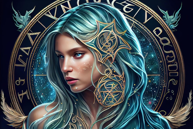 Image of a beautiful girl on the background of the zodiac horoscope the concept of visualization of the horoscope sign Virgo Generative AI