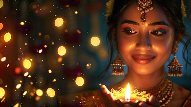 Photo image of a beautiful woman smiling and wearing saree with jewellery celebrating diwali festival generative ai