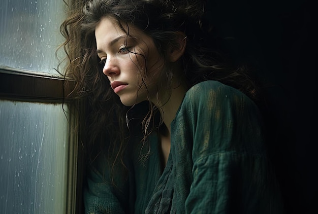 Photo image of beautiful young woman looking out the window depressed in the style of dark green and teal