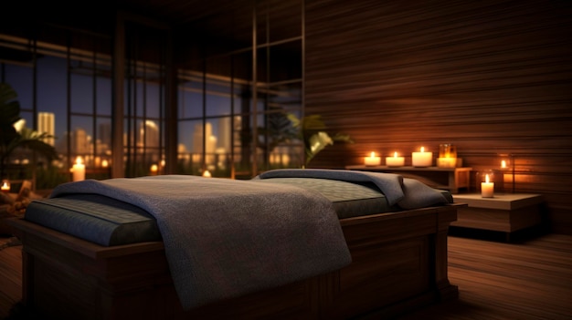 An image of a beautifully decorated massage room with dim lighting and calming ambiance