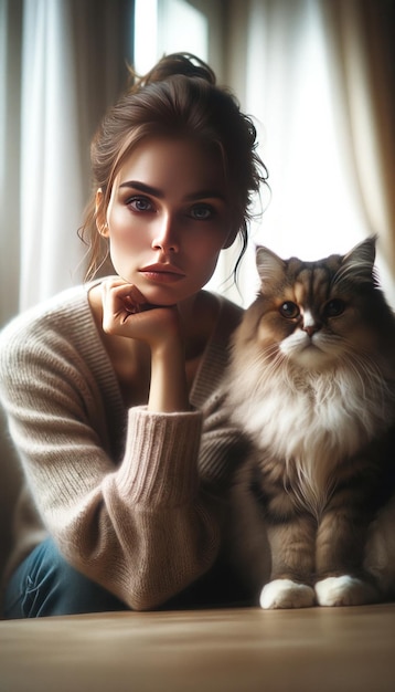 The image beautifully portrays a contemplative woman with a fluffy cat beside her both looking serene in a softly lit room