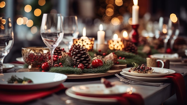 An image of a beautifully set dining table with festive Christmas decorations