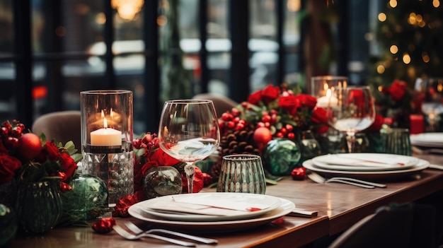 An image of a beautifully set dining table with festive Christmas decorations