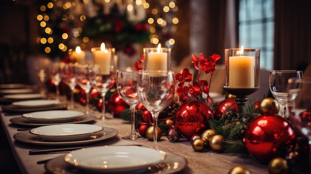 An image of a beautifully set dining table with festive Christmas decorations