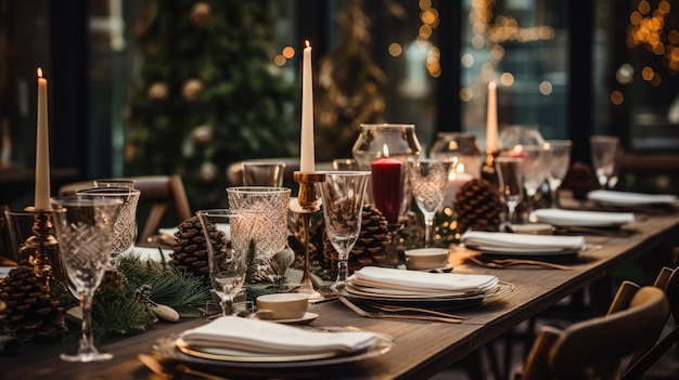 An image of a beautifully set dining table with festive Christmas decorations