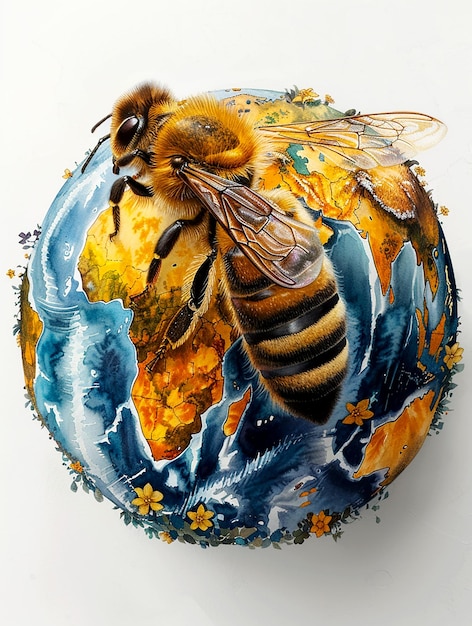 Photo an image of a bee sitting on a globe of the planet earth world bee day