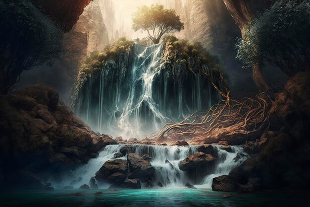 image big wide waterfall in the forest ai generative