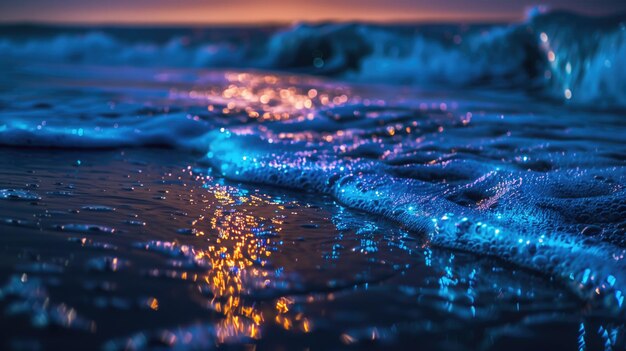 Photo image of bioluminescence in night sea tide wave blue light flashes and sparkling particles effect