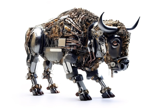 Image of a bison cow modified into a robot on a white background Wild animal illustration generative AI