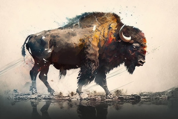 Image of a bison that stands gracefully of the forest Wild animal illustration generative AI