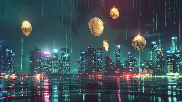 Image of Bitcoin coins hovering above a futuristic city at night with advanced digital technology