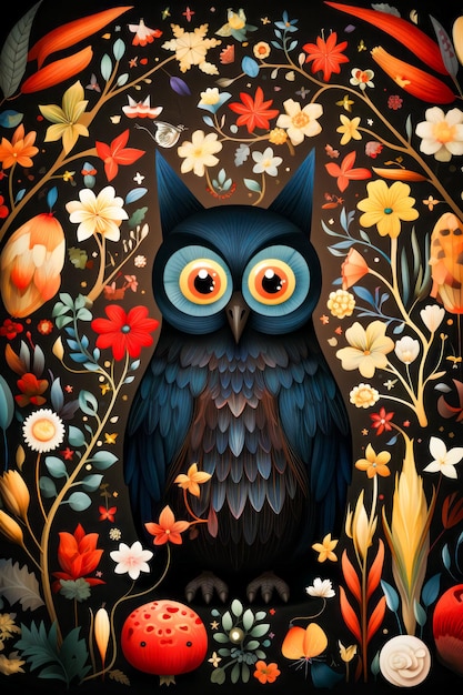 Image of black owl surrounded by flowers and leaves Generative AI