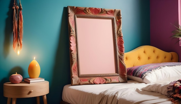 an image of a blank photo frame in an eclectic bohemianstyle bedroom