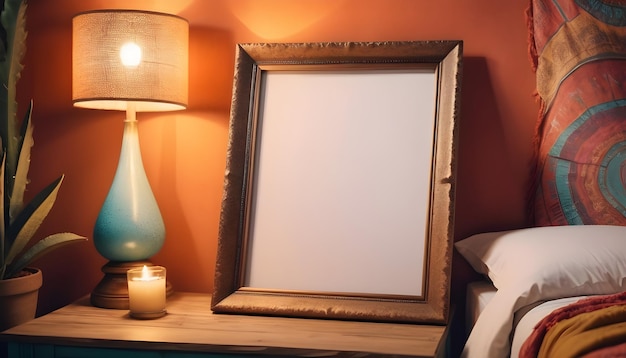 an image of a blank photo frame in an eclectic bohemianstyle bedroom