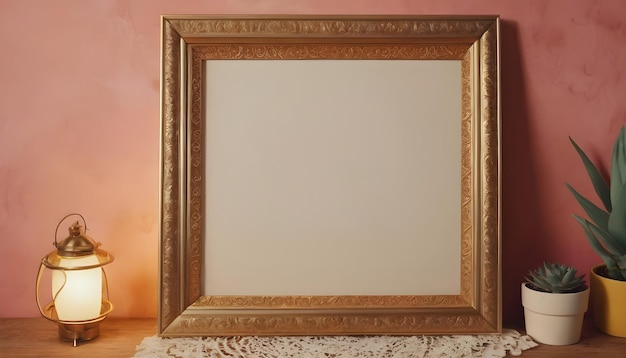 an image of a blank photo frame in an eclectic bohemianstyle bedroom