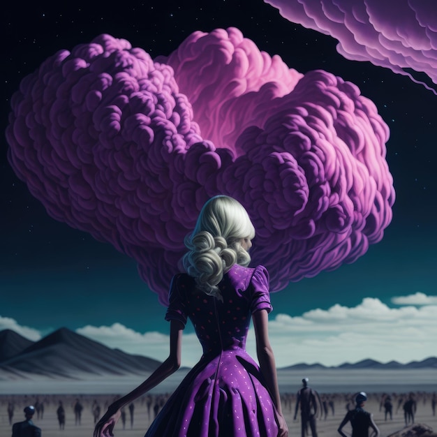 An image of Blonde woman in a purple dress looking up at a big pink cloud over the city