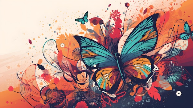 Image of blue butterfly with orange and red flowers on white background Generative AI