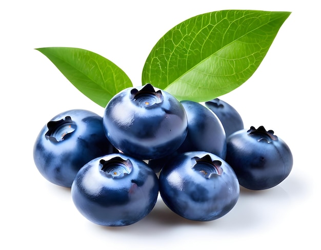 Image of blueberries with leaf on white background