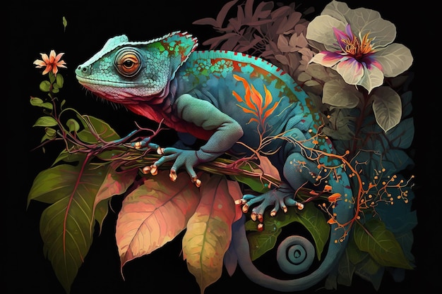 Image of brightly colored chameleons with colorful tropical flowers Reptile illustration Generative AI