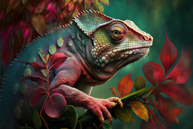 Image of brightly colored chameleons with colorful tropical flowers Reptile illustration Generative AI