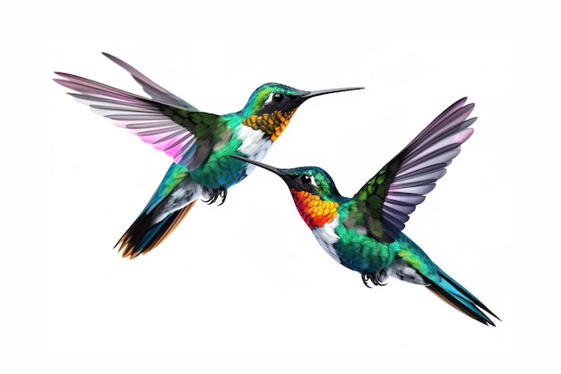 Image of brightly colored hummingbirds in flight on white background Wildlife Birds illustration generative AI