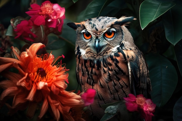 Image of brightly colored owl with colorful tropical flowers Wild Animals Birds illustration Generative AI