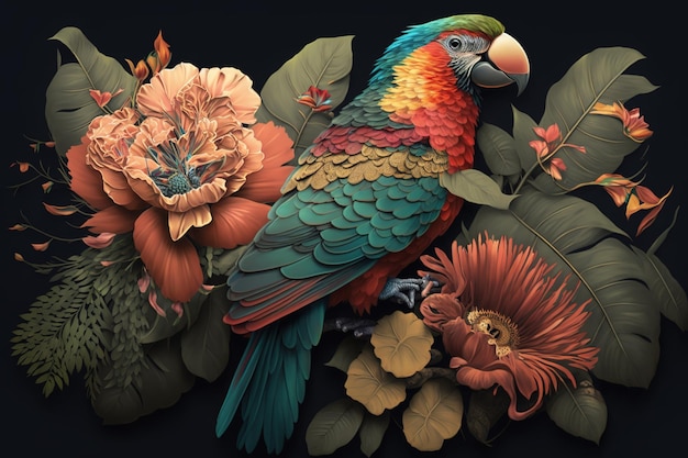 Image of brightly colored parrots bird with colorful tropical flowers Wild Animals Birds illustration Generative AI