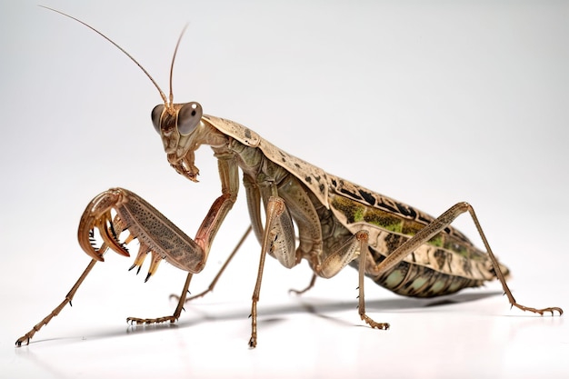 Image of brown giant praying mantis on white background Insect Animals Illustration Generative AI