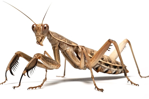 Image of brown giant praying mantis on white background Insect Animals Illustration Generative AI