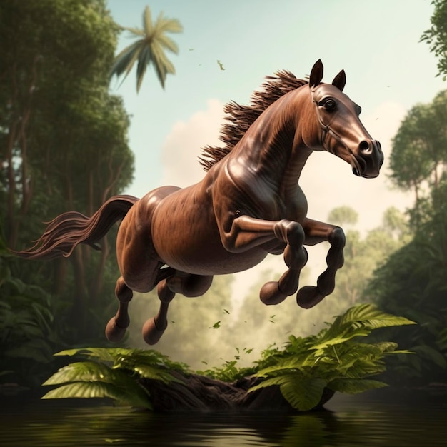 Image of a brown horse float in the air funny on a jungle background