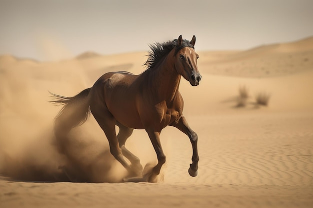 Image of a brown horse runs in the middle of the desert Wildlife Animals illustration generative AI