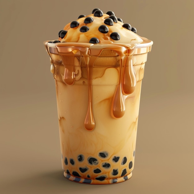 image of a bubble tea cup showing creamy texture of the tea and the glossy tapioca pearls