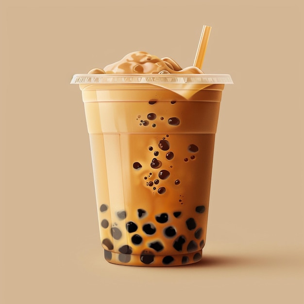 image of a bubble tea cup showing creamy texture of the tea and the glossy tapioca pearls